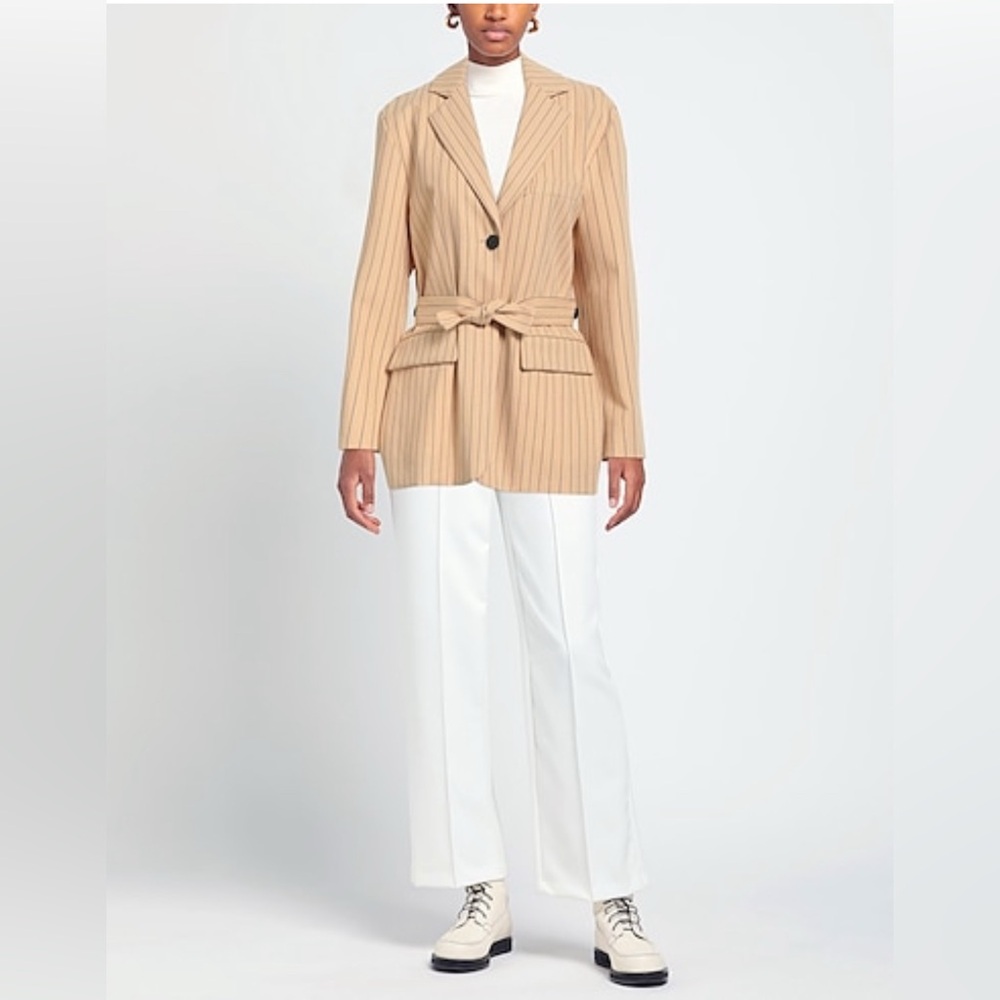 MAJE Varcel Jacket Size 34 XS Belted Striped Blazer Beige Nude Linen Blend